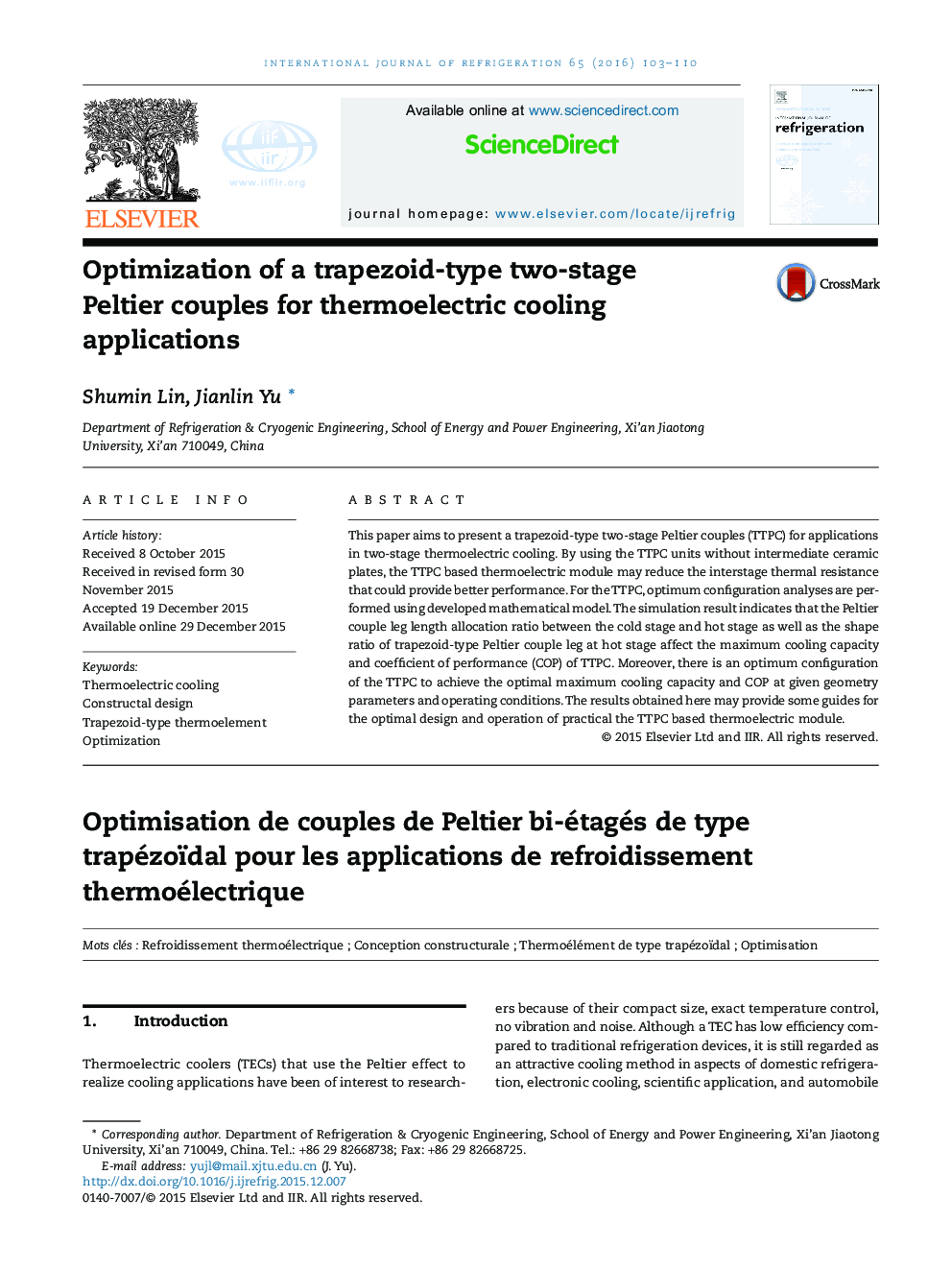 Optimization of a trapezoid-type two-stage Peltier couples for thermoelectric cooling applications