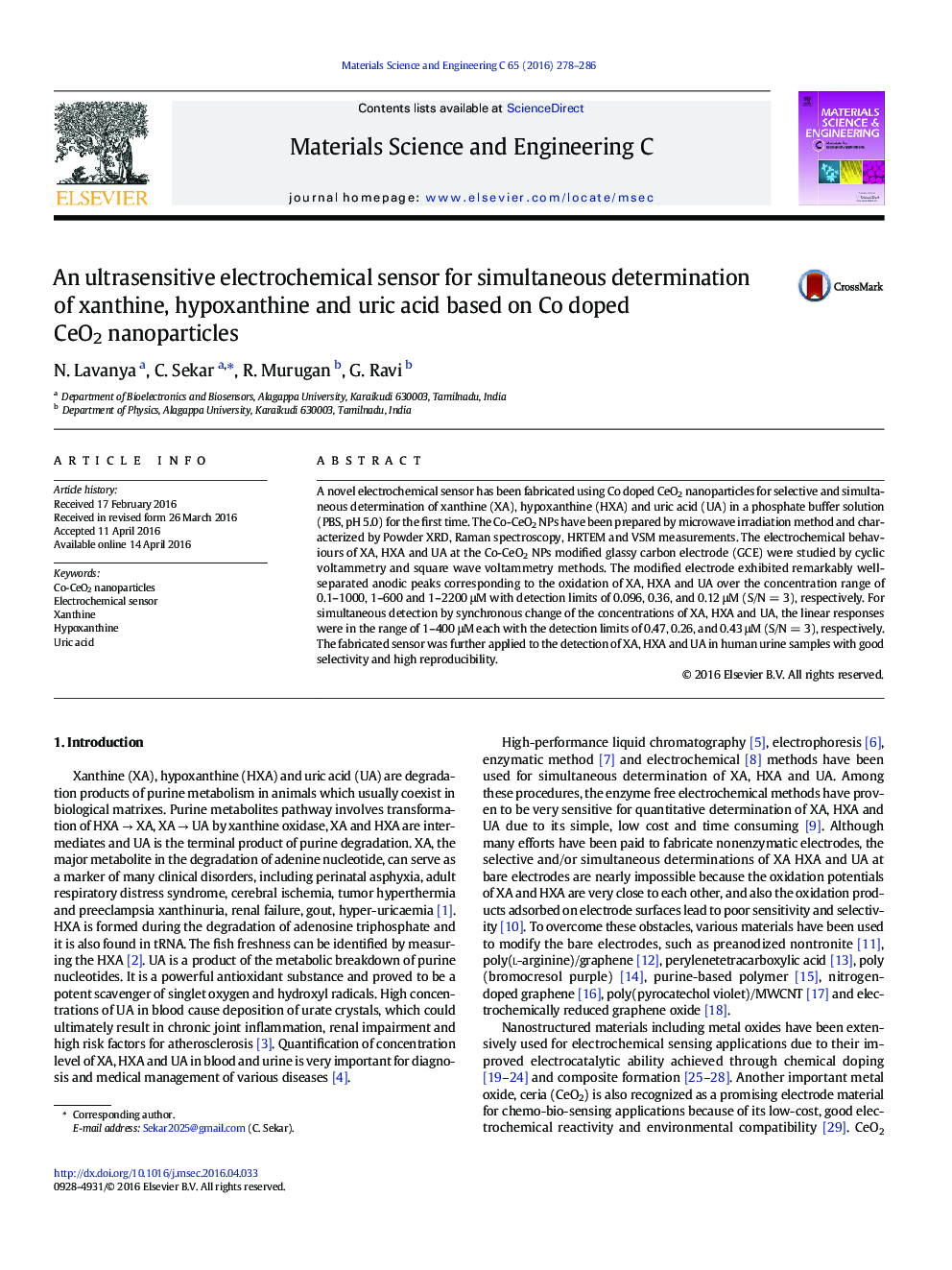 An ultrasensitive electrochemical sensor for simultaneous determination of xanthine, hypoxanthine and uric acid based on Co doped CeO2 nanoparticles