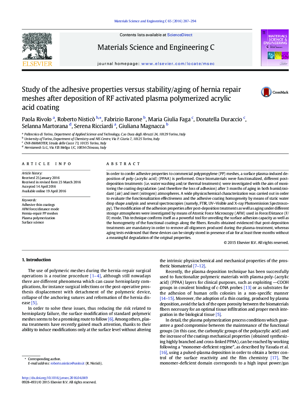 Study of the adhesive properties versus stability/aging of hernia repair meshes after deposition of RF activated plasma polymerized acrylic acid coating