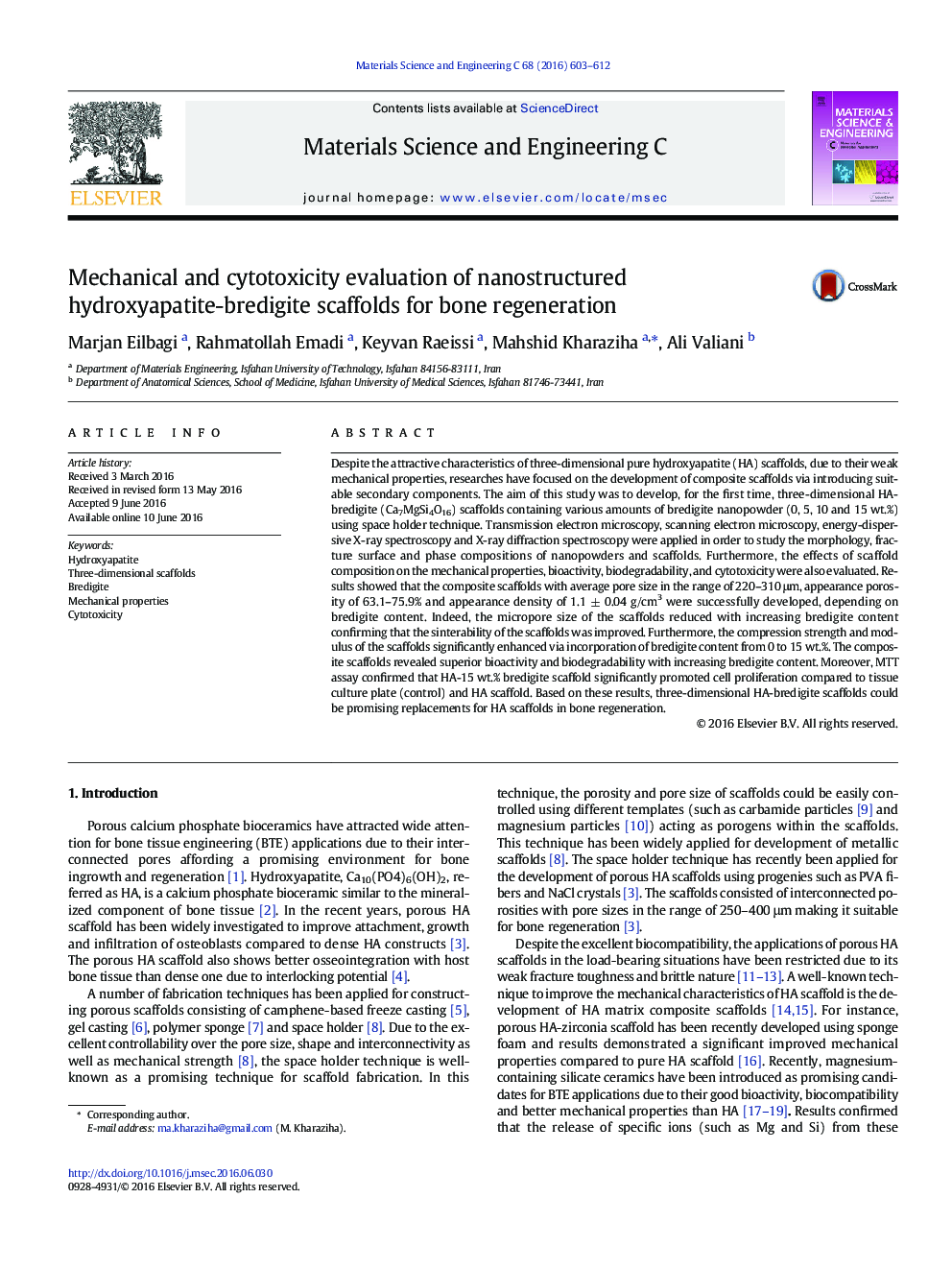 Mechanical and cytotoxicity evaluation of nanostructured hydroxyapatite-bredigite scaffolds for bone regeneration