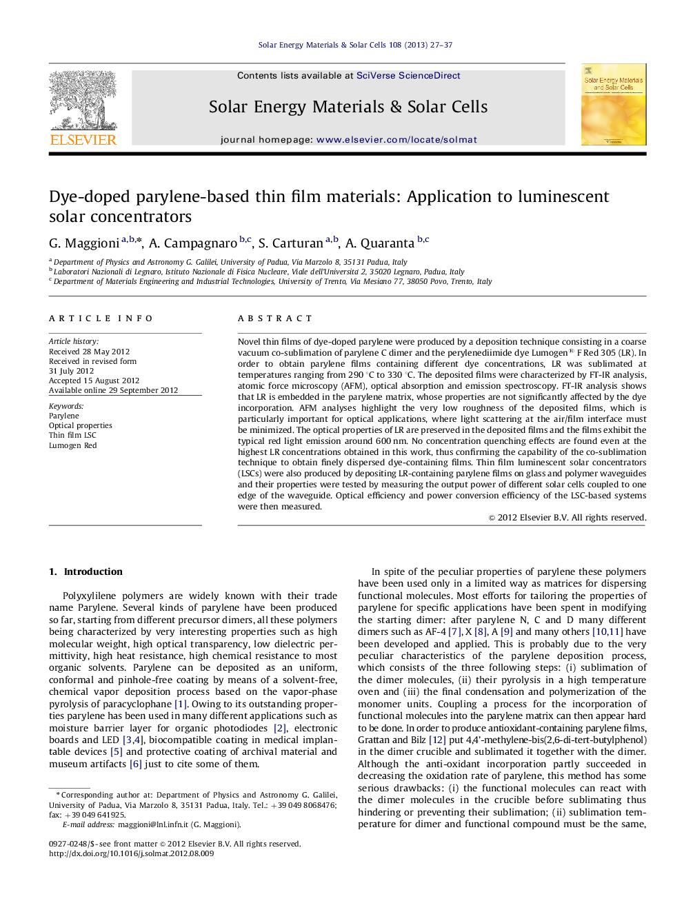 Dye-doped parylene-based thin film materials: Application to luminescent solar concentrators