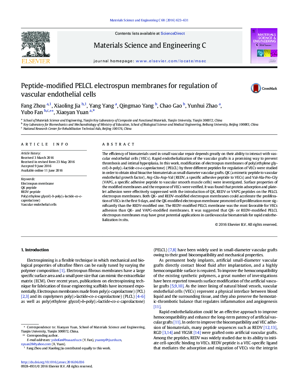 Peptide-modified PELCL electrospun membranes for regulation of vascular endothelial cells