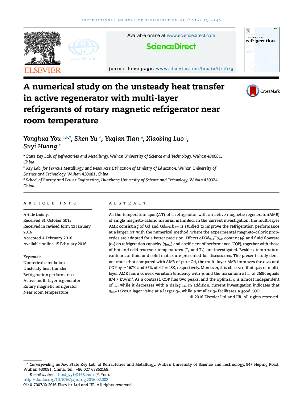 A numerical study on the unsteady heat transfer in active regenerator with multi-layer refrigerants of rotary magnetic refrigerator near room temperature