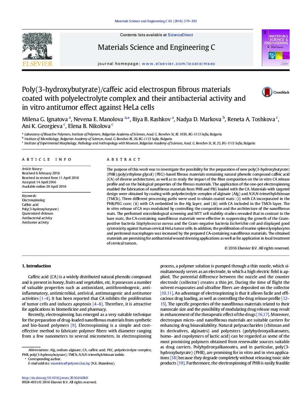 Poly(3-hydroxybutyrate)/caffeic acid electrospun fibrous materials coated with polyelectrolyte complex and their antibacterial activity and in vitro antitumor effect against HeLa cells