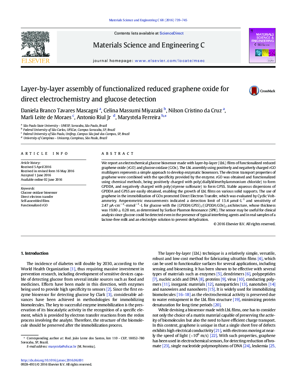 Layer-by-layer assembly of functionalized reduced graphene oxide for direct electrochemistry and glucose detection