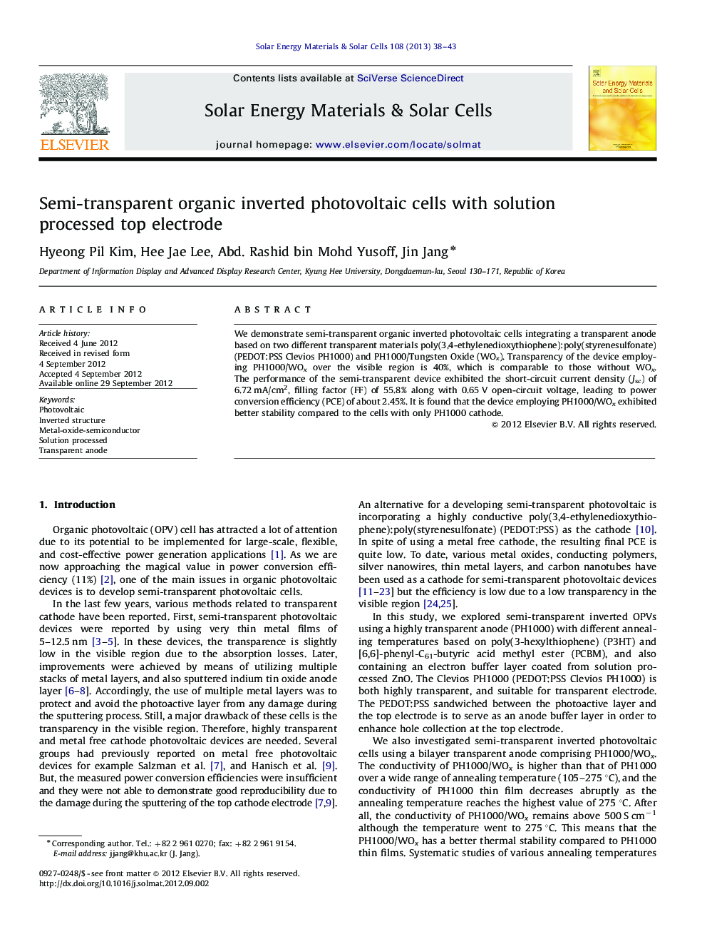 Semi-transparent organic inverted photovoltaic cells with solution processed top electrode