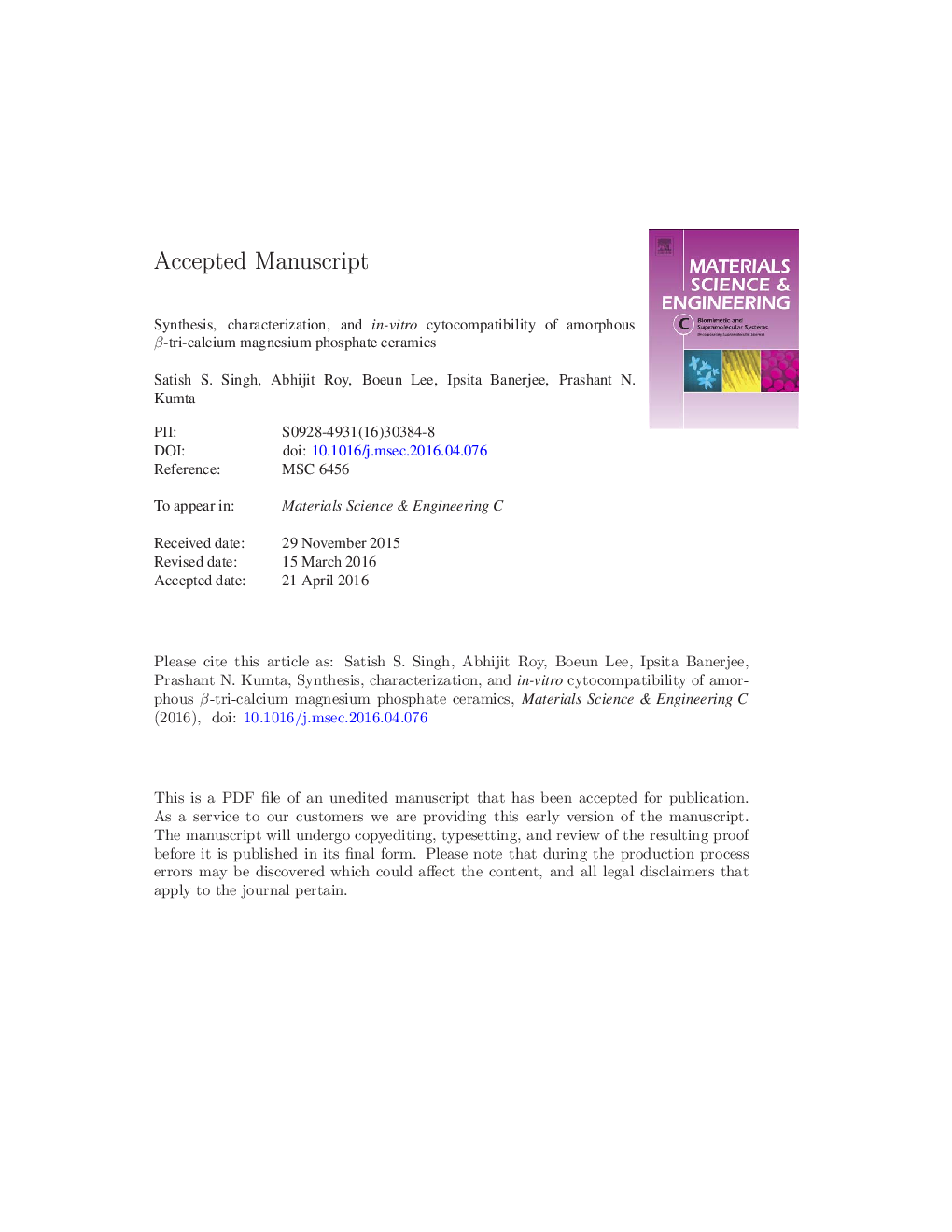 عکس صفحه اول مقاله: Synthesis, characterization, and in-vitro cytocompatibility of amorphous β-tri-calcium magnesium phosphate ceramics Synthesis, characterization, and in-vitro cytocompatibility of amorphous β-tri-calcium magnesium phosphate ceramics
