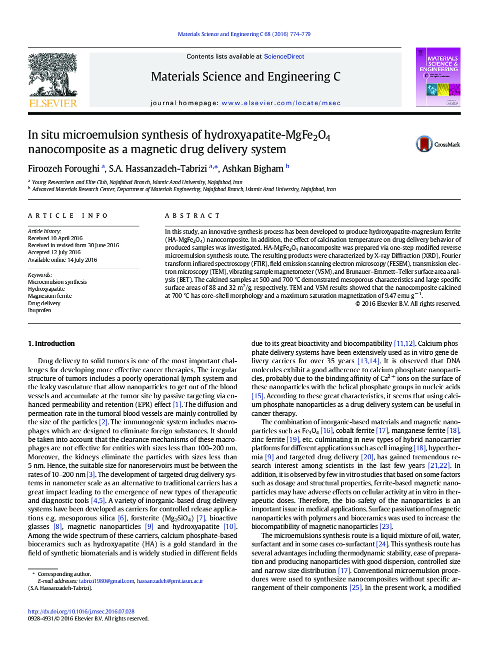 In situ microemulsion synthesis of hydroxyapatite-MgFe2O4 nanocomposite as a magnetic drug delivery system