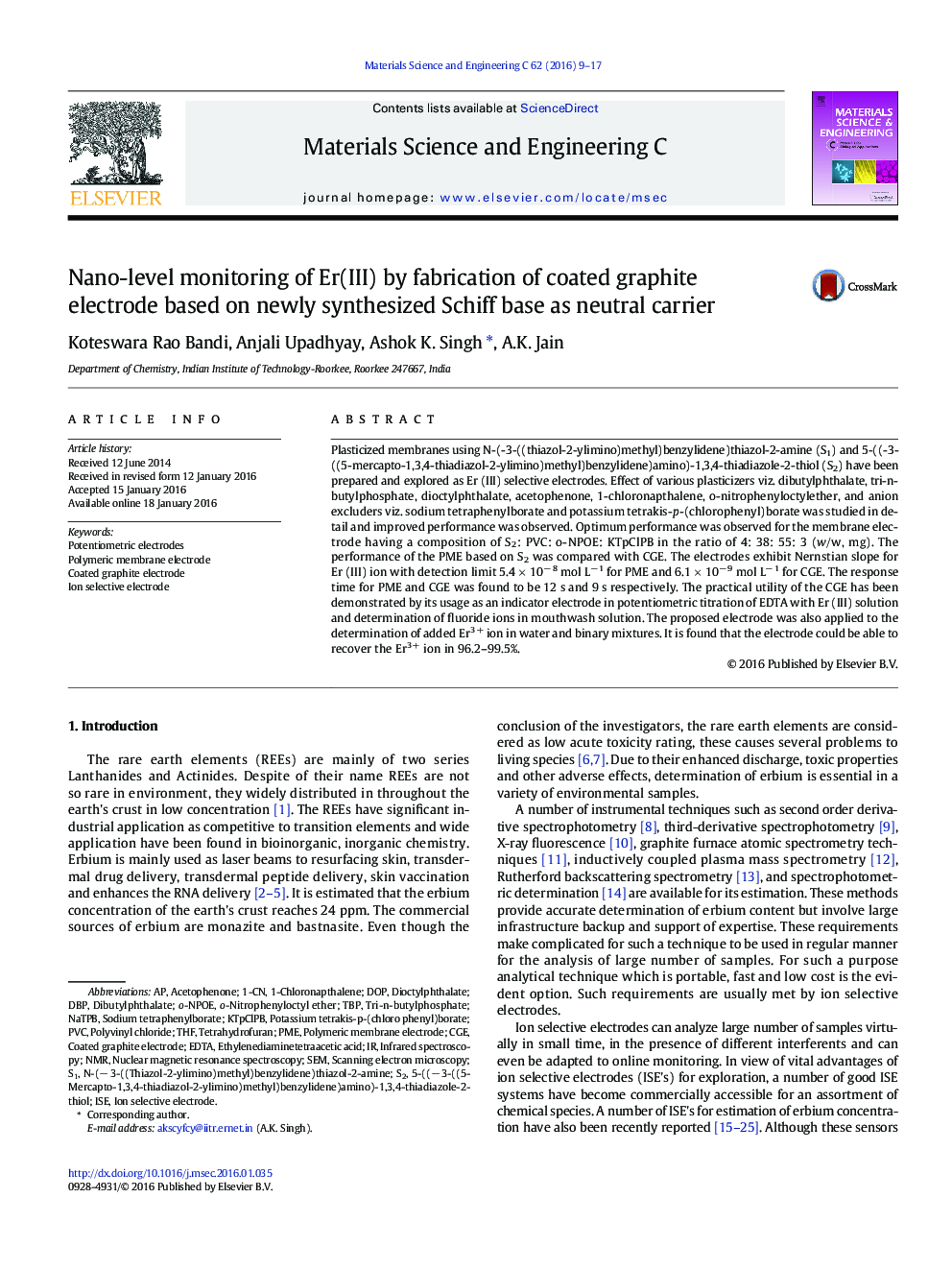 Nano-level monitoring of Er(III) by fabrication of coated graphite electrode based on newly synthesized Schiff base as neutral carrier