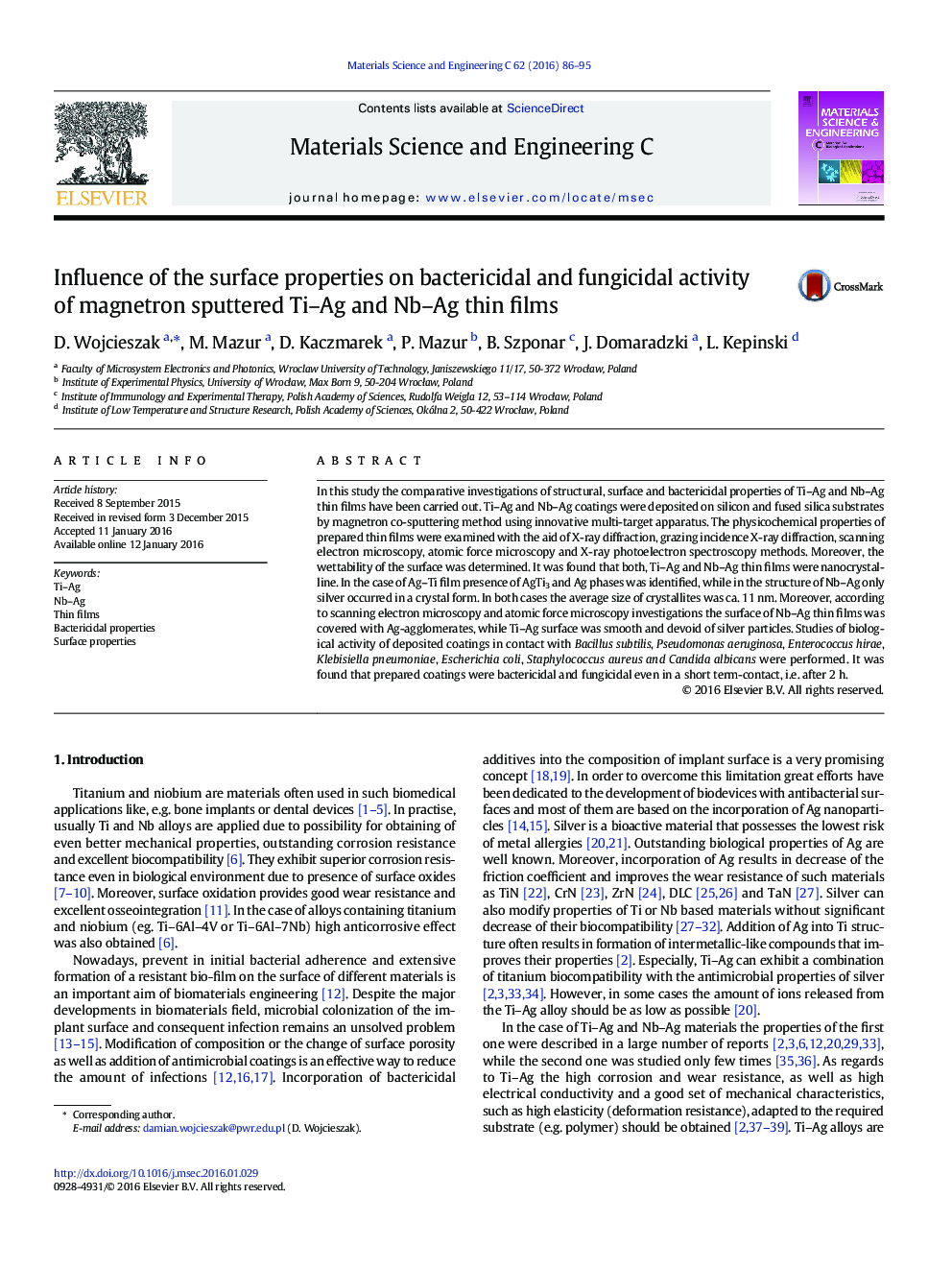 Influence of the surface properties on bactericidal and fungicidal activity of magnetron sputtered Ti-Ag and Nb-Ag thin films