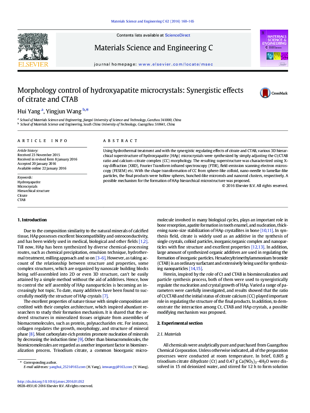 Morphology control of hydroxyapatite microcrystals: Synergistic effects of citrate and CTAB