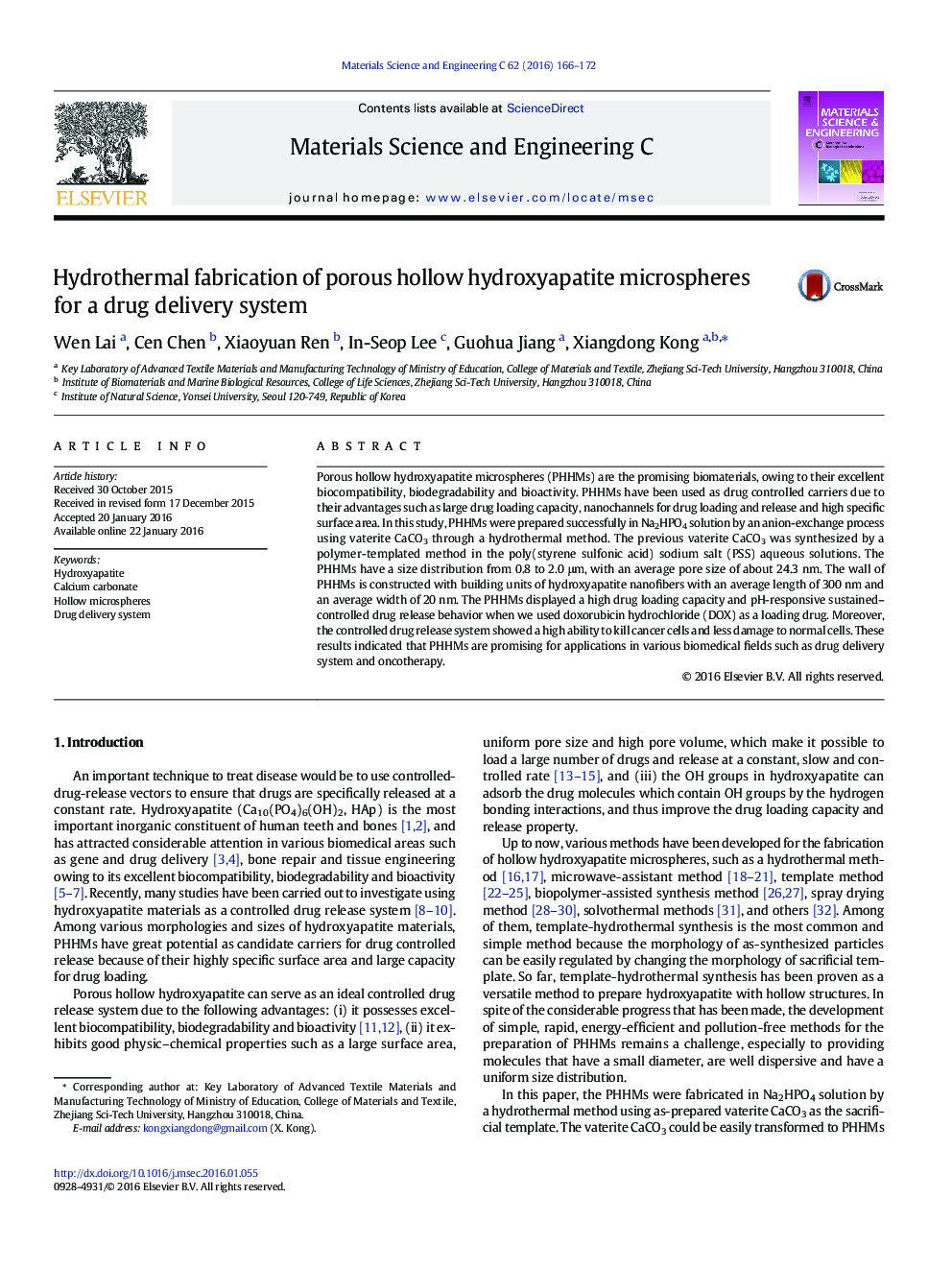 Hydrothermal fabrication of porous hollow hydroxyapatite microspheres for a drug delivery system