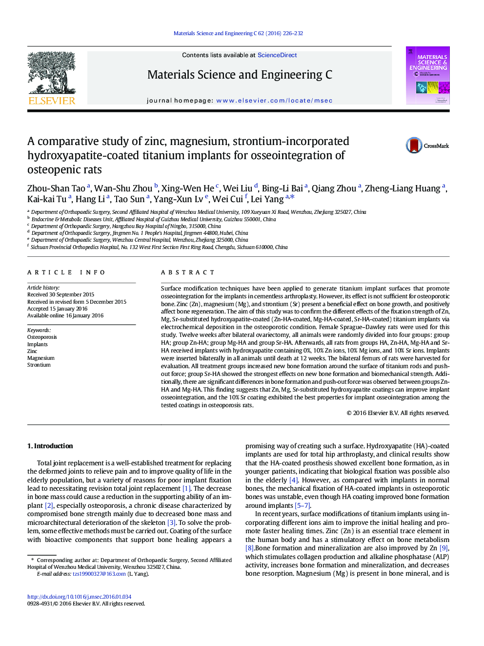 A comparative study of zinc, magnesium, strontium-incorporated hydroxyapatite-coated titanium implants for osseointegration of osteopenic rats