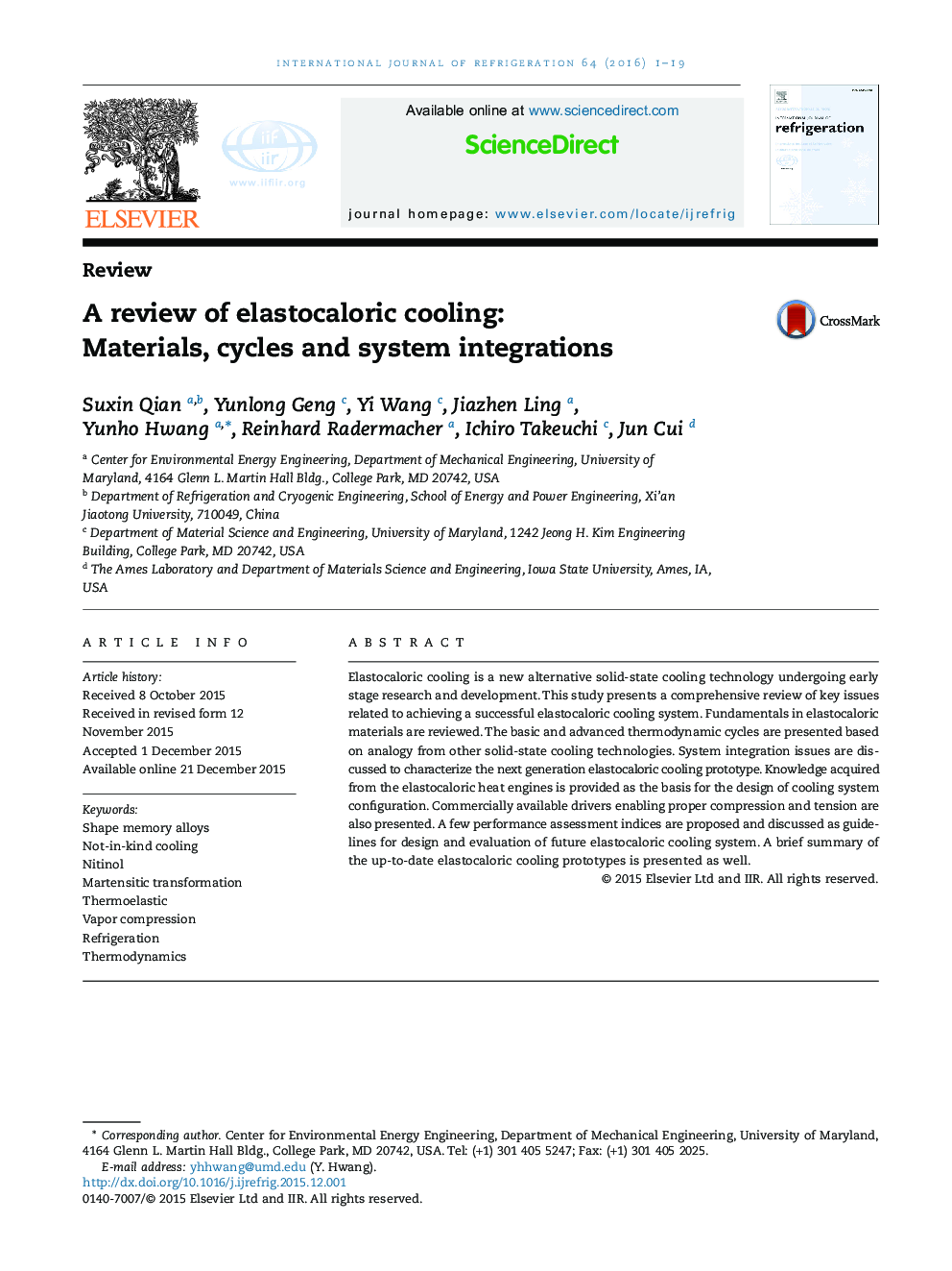 A review of elastocaloric cooling: Materials, cycles and system integrations