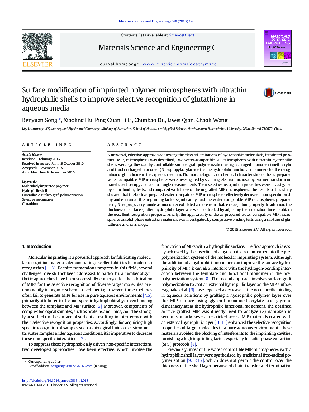 Surface modification of imprinted polymer microspheres with ultrathin hydrophilic shells to improve selective recognition of glutathione in aqueous media