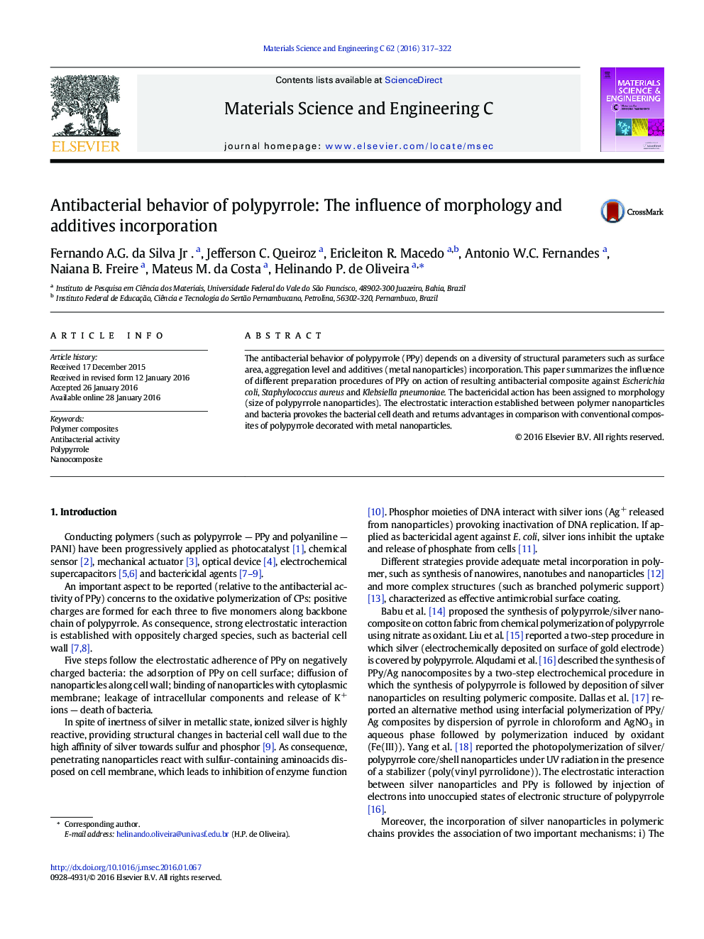 Antibacterial behavior of polypyrrole: The influence of morphology and additives incorporation