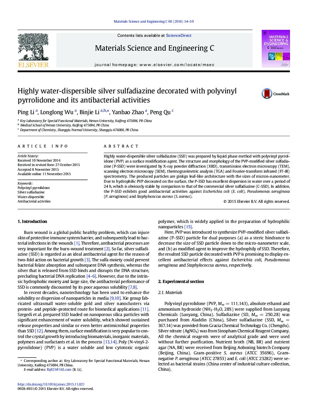 Highly water-dispersible silver sulfadiazine decorated with polyvinyl pyrrolidone and its antibacterial activities