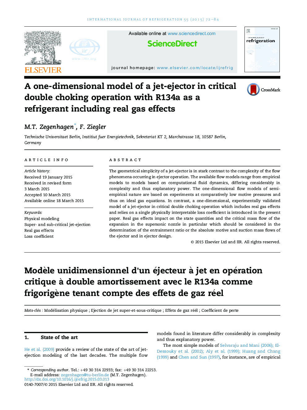 A one-dimensional model of a jet-ejector in critical double choking operation with R134a as a refrigerant including real gas effects