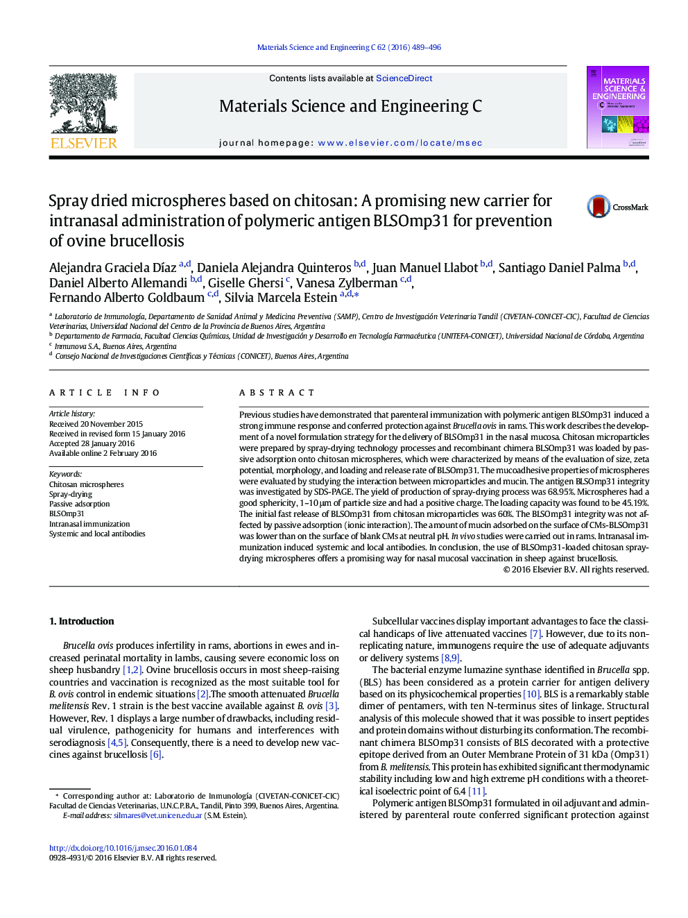 Spray dried microspheres based on chitosan: A promising new carrier for intranasal administration of polymeric antigen BLSOmp31 for prevention of ovine brucellosis