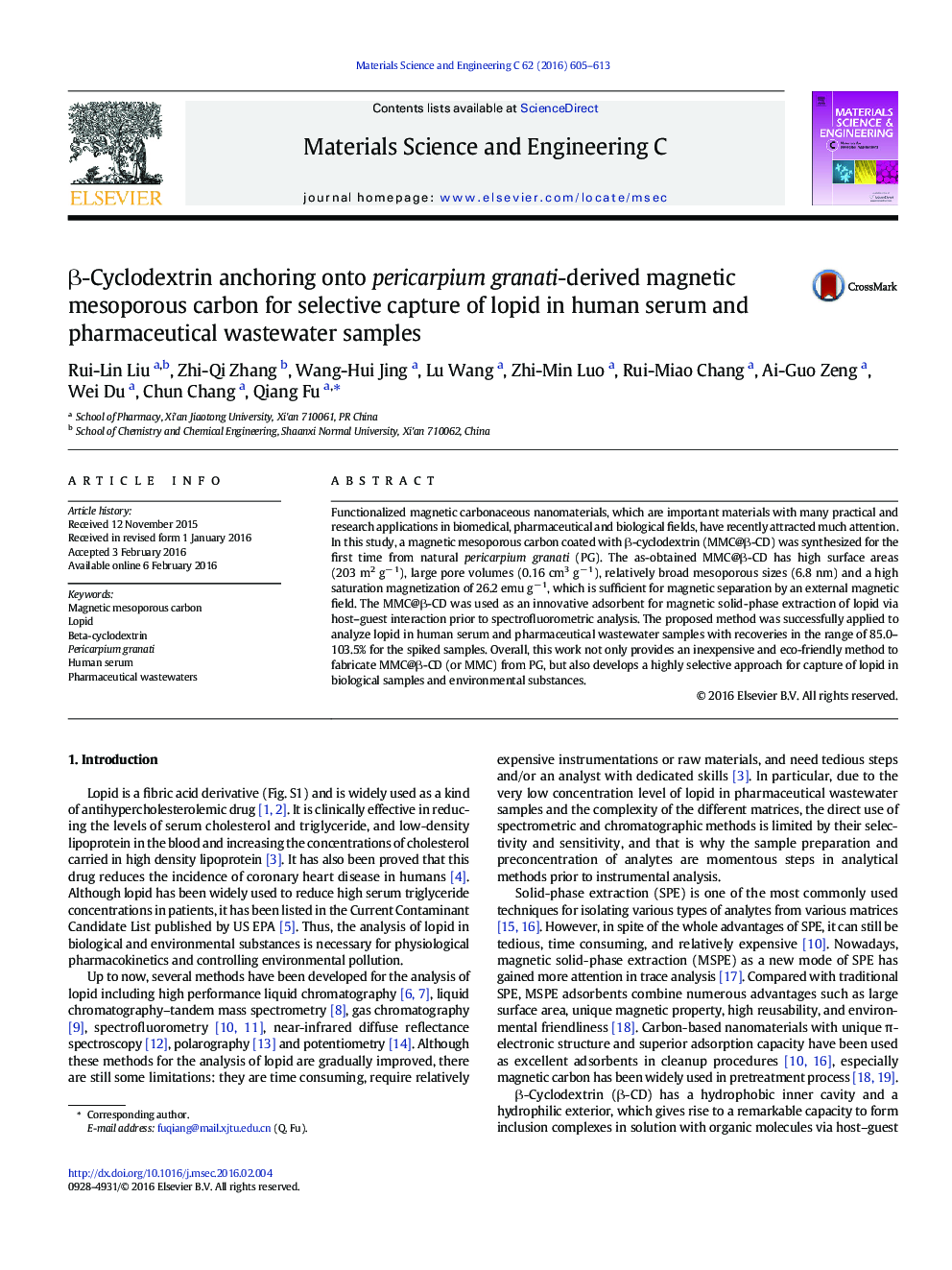 Î²-Cyclodextrin anchoring onto pericarpium granati-derived magnetic mesoporous carbon for selective capture of lopid in human serum and pharmaceutical wastewater samples