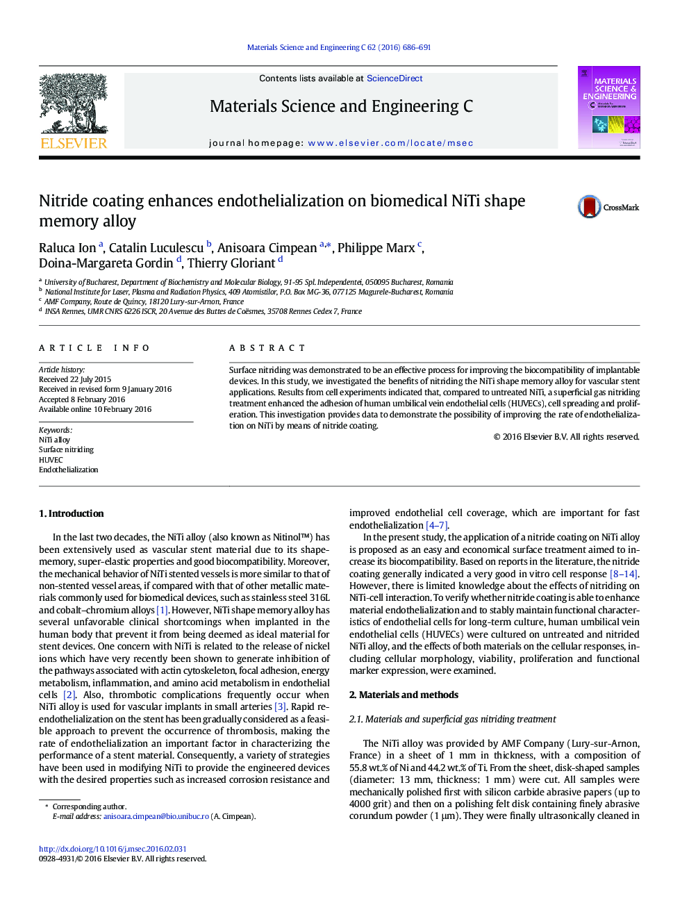 Nitride coating enhances endothelialization on biomedical NiTi shape memory alloy