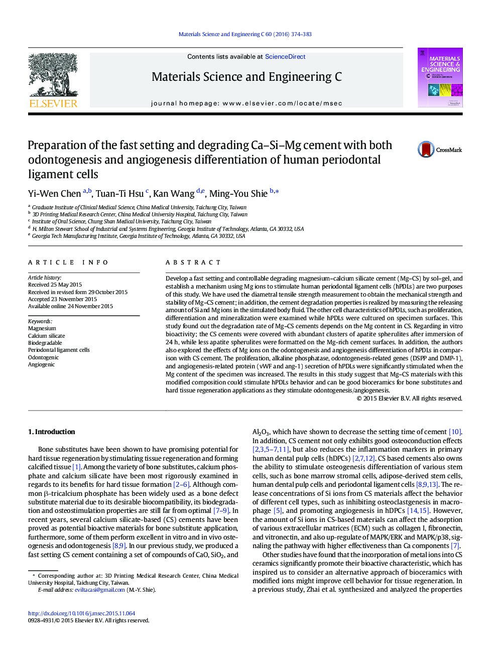 Preparation of the fast setting and degrading Ca-Si-Mg cement with both odontogenesis and angiogenesis differentiation of human periodontal ligament cells