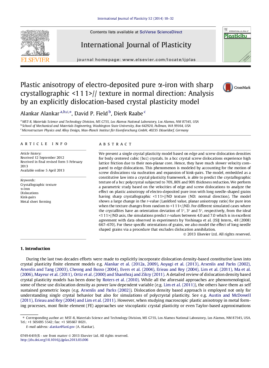 Plastic anisotropy of electro-deposited pure α-iron with sharp crystallographic <1 1 1>// texture in normal direction: Analysis by an explicitly dislocation-based crystal plasticity model