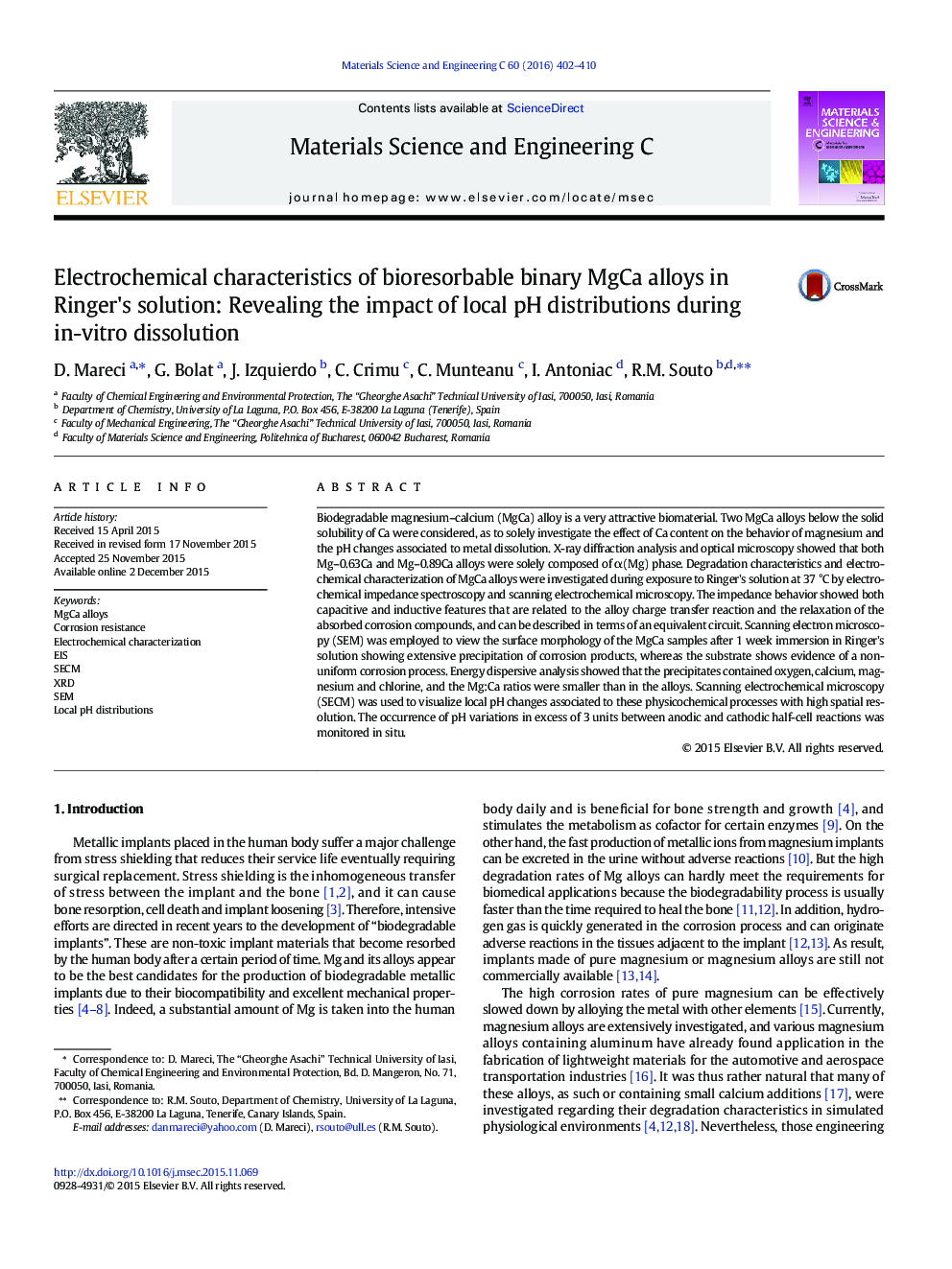 Electrochemical characteristics of bioresorbable binary MgCa alloys in Ringer's solution: Revealing the impact of local pH distributions during in-vitro dissolution