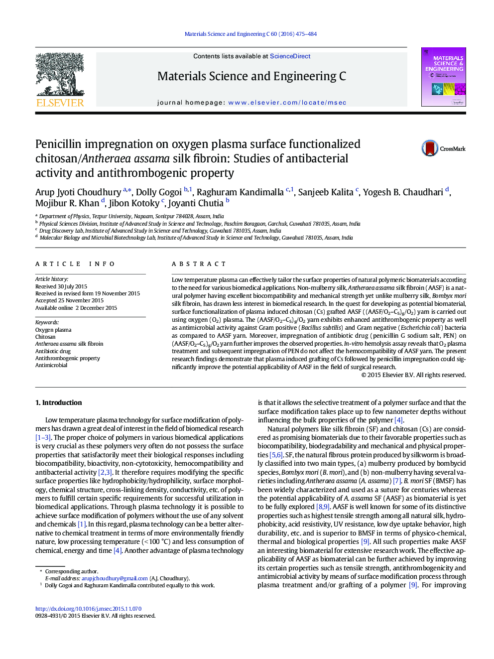 Penicillin impregnation on oxygen plasma surface functionalized chitosan/Antheraea assama silk fibroin: Studies of antibacterial activity and antithrombogenic property