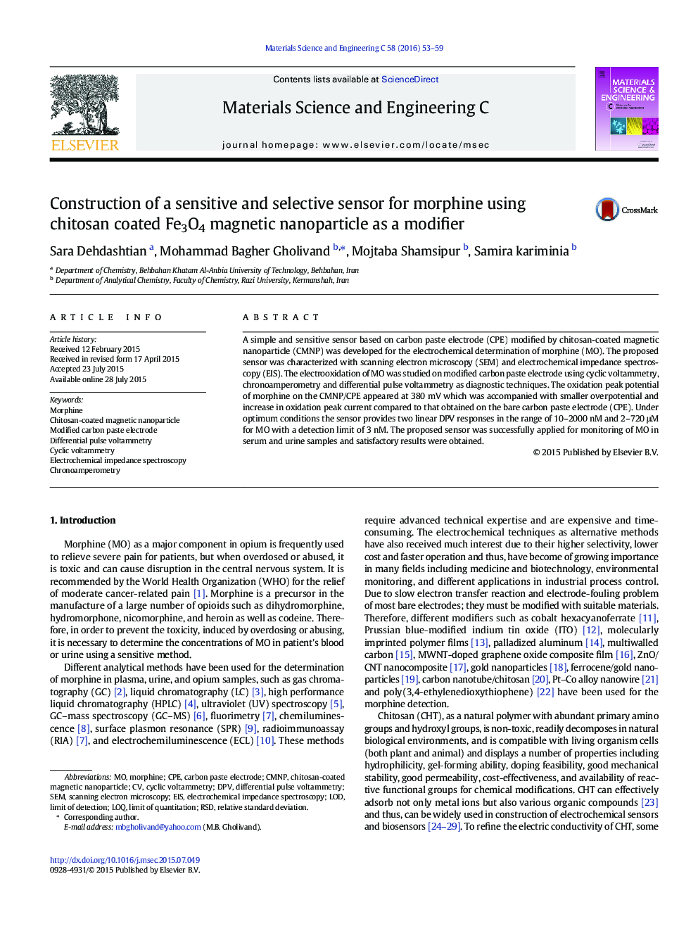 Construction of a sensitive and selective sensor for morphine using chitosan coated Fe3O4 magnetic nanoparticle as a modifier