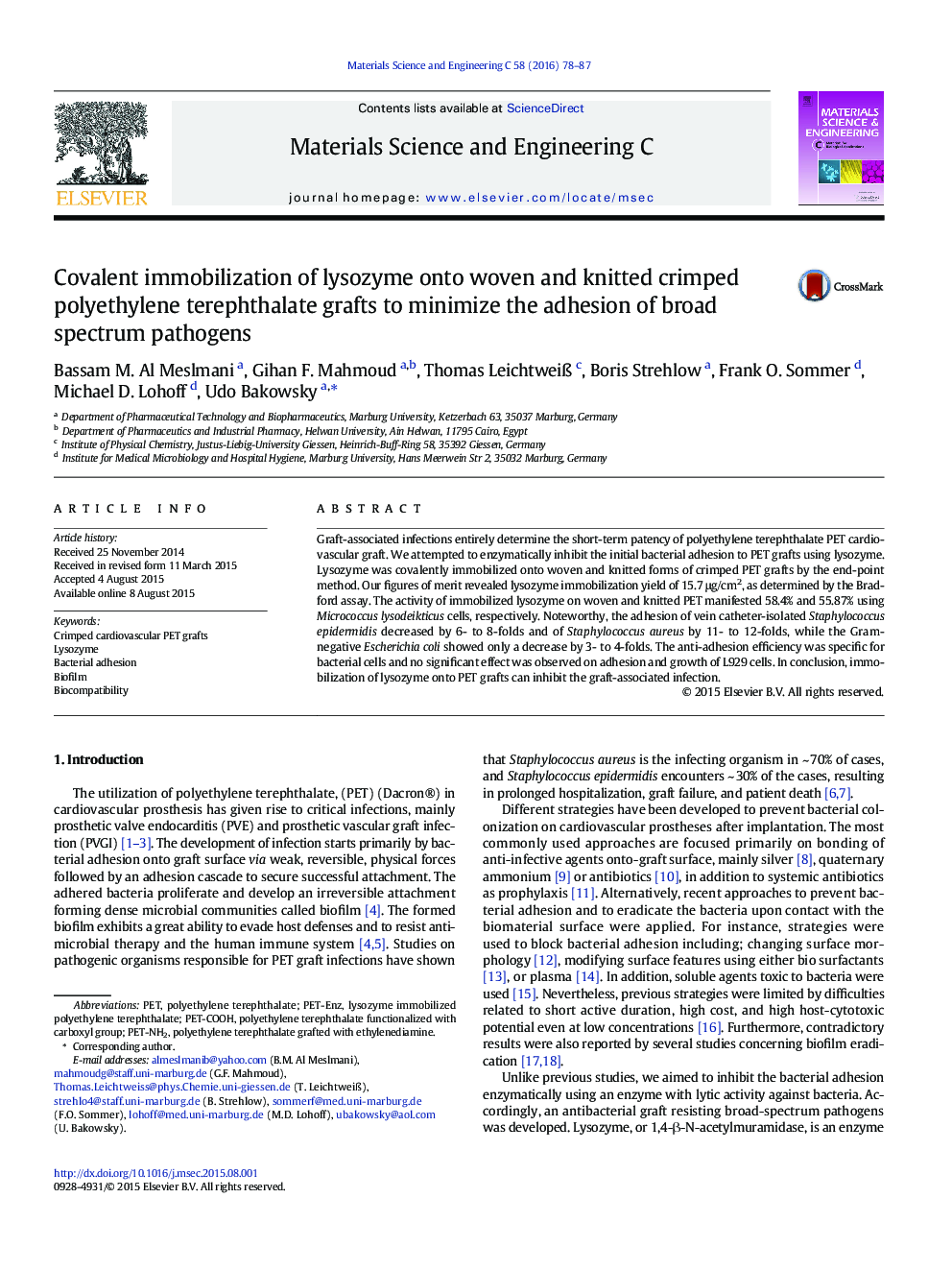 Covalent immobilization of lysozyme onto woven and knitted crimped polyethylene terephthalate grafts to minimize the adhesion of broad spectrum pathogens