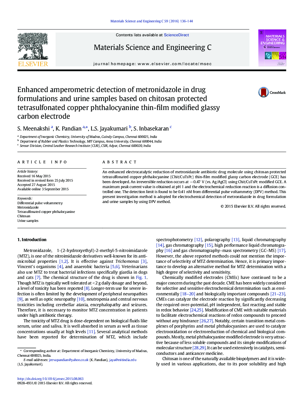 تشخیص آمپرورتریک پیشرفته مترونیدازول در فرمولاسیون دارو و نمونه های ادرار بر اساس کیتوزان محافظت شده تترازولفونیک فتالوسیانین مس، الکترودهای کربن شیشه ای نازک محافظ 