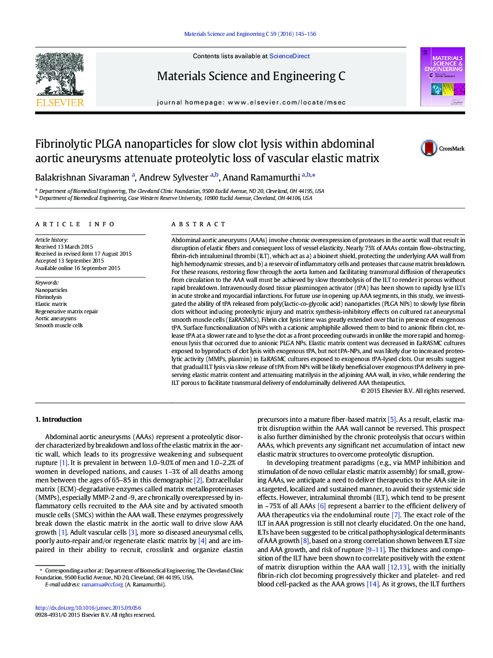 Fibrinolytic PLGA nanoparticles for slow clot lysis within abdominal aortic aneurysms attenuate proteolytic loss of vascular elastic matrix