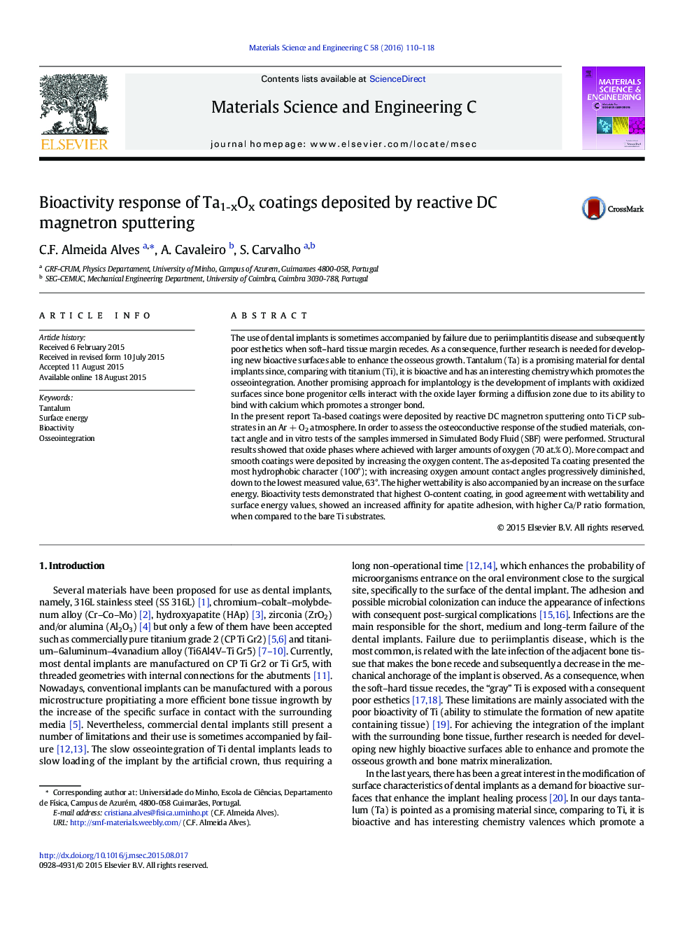 Bioactivity response of Ta1-xOx coatings deposited by reactive DC magnetron sputtering