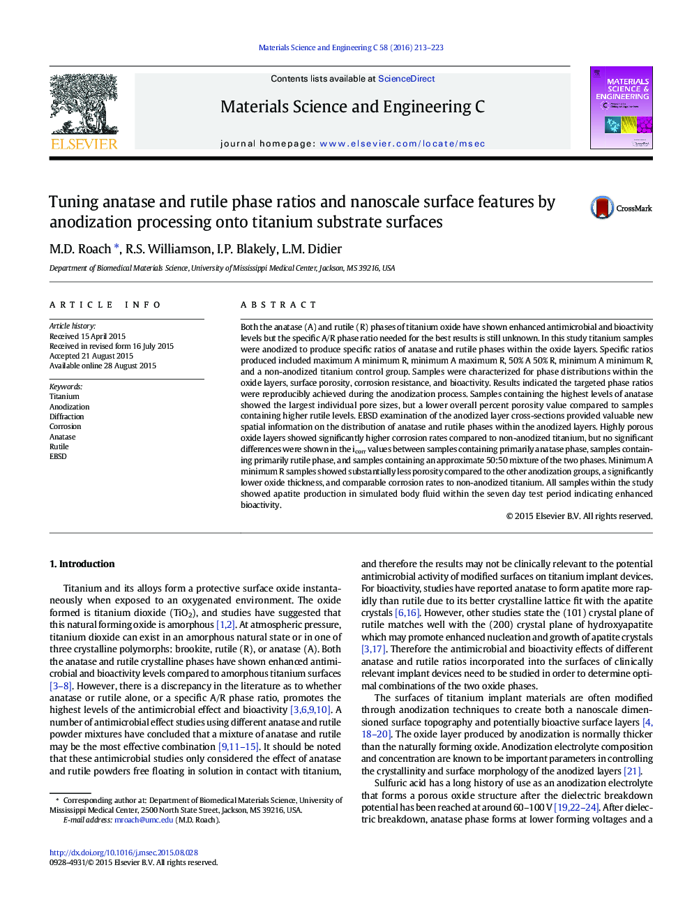 Tuning anatase and rutile phase ratios and nanoscale surface features by anodization processing onto titanium substrate surfaces