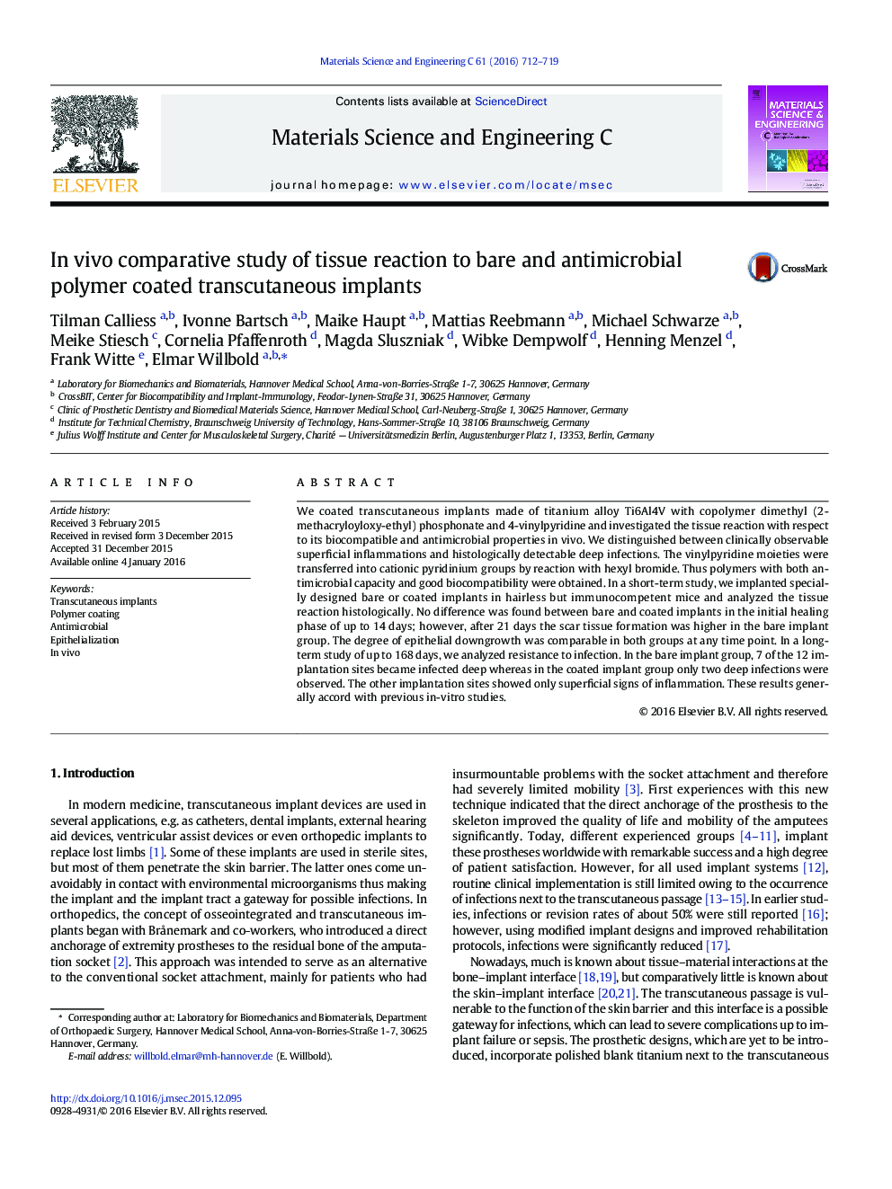 In vivo comparative study of tissue reaction to bare and antimicrobial polymer coated transcutaneous implants