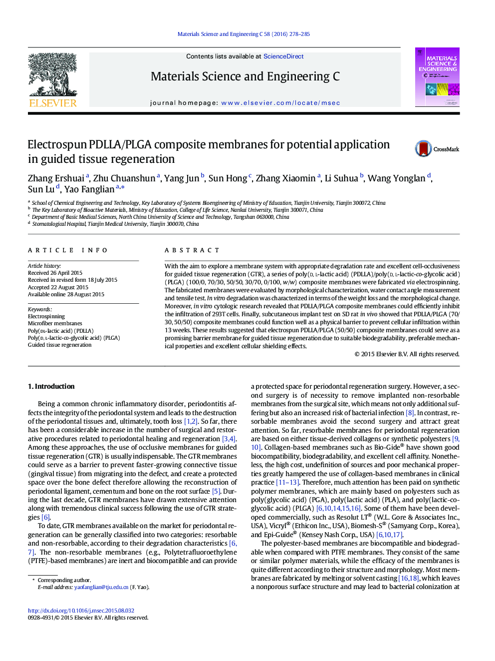 Electrospun PDLLA/PLGA composite membranes for potential application in guided tissue regeneration