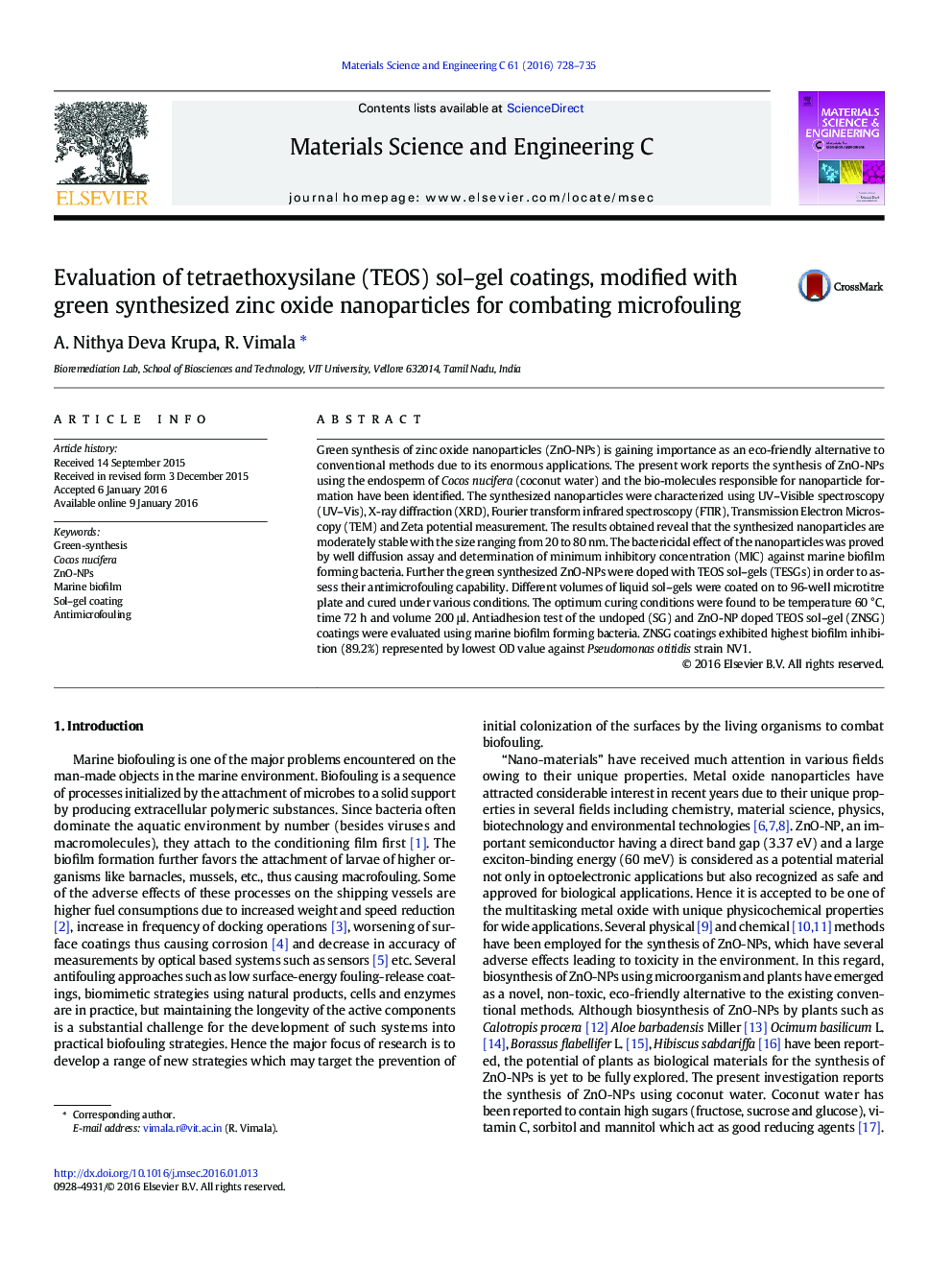 Evaluation of tetraethoxysilane (TEOS) sol-gel coatings, modified with green synthesized zinc oxide nanoparticles for combating microfouling