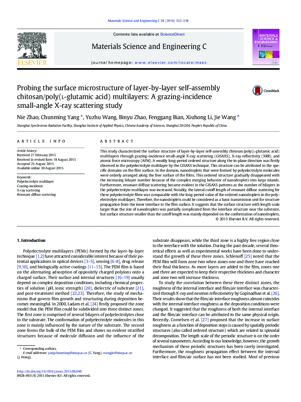 Probing the surface microstructure of layer-by-layer self-assembly chitosan/poly(l-glutamic acid) multilayers: A grazing-incidence small-angle X-ray scattering study