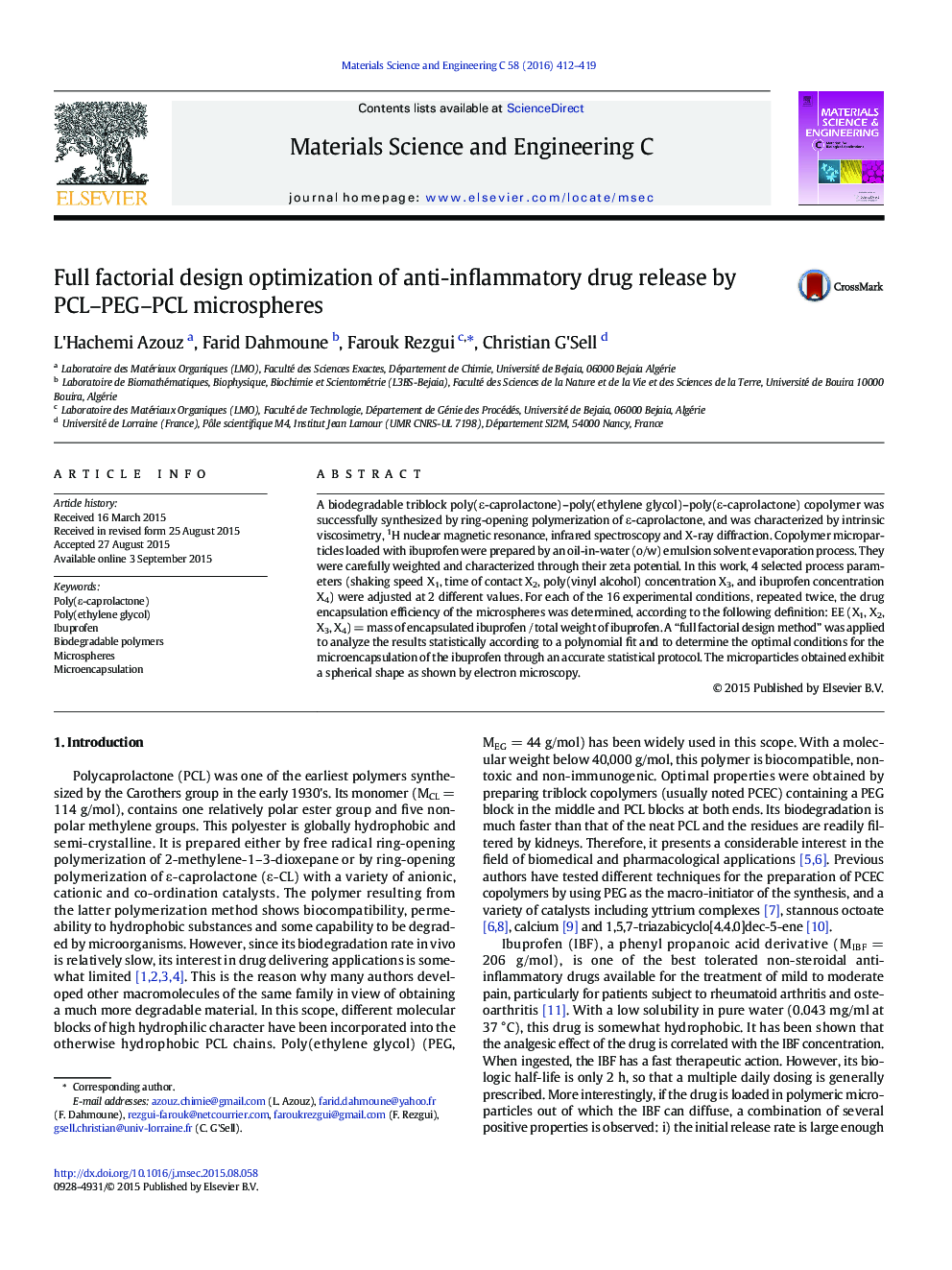 Full factorial design optimization of anti-inflammatory drug release by PCL-PEG-PCL microspheres