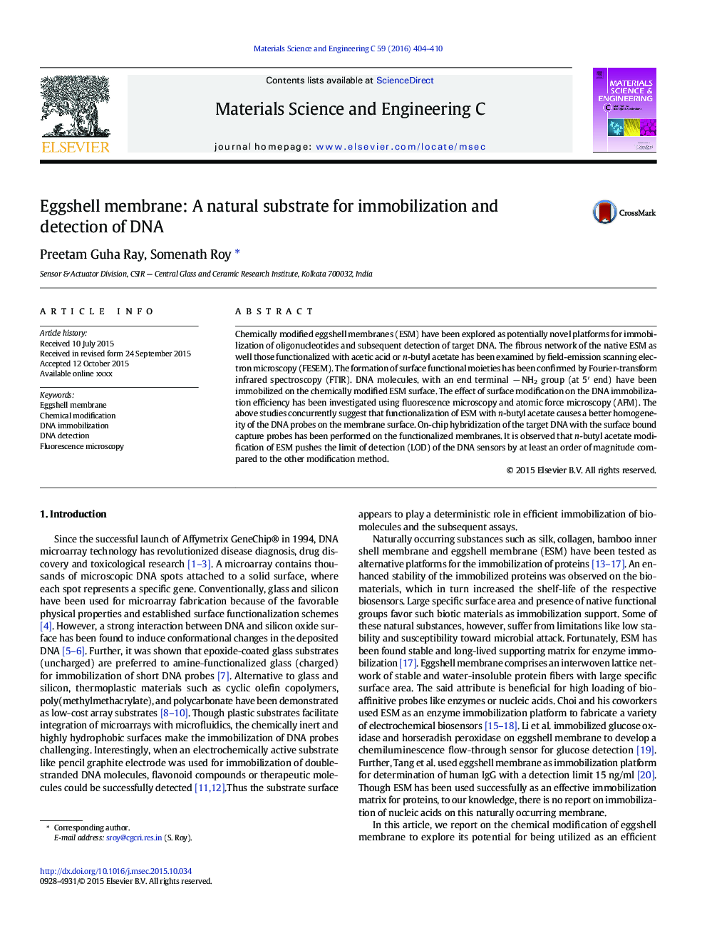 Eggshell membrane: A natural substrate for immobilization and detection of DNA