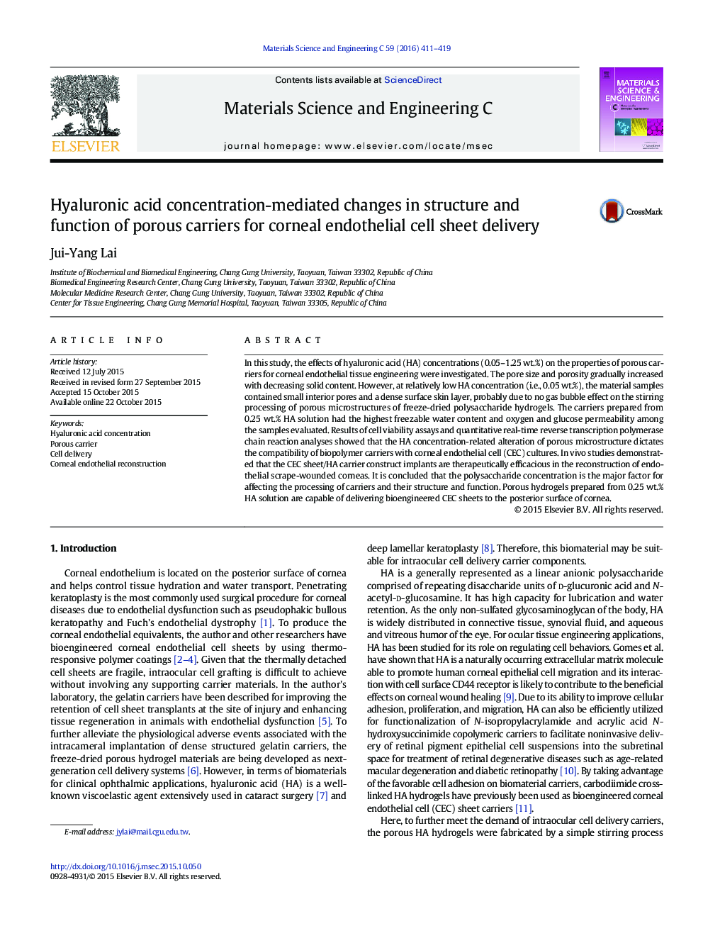 Hyaluronic acid concentration-mediated changes in structure and function of porous carriers for corneal endothelial cell sheet delivery