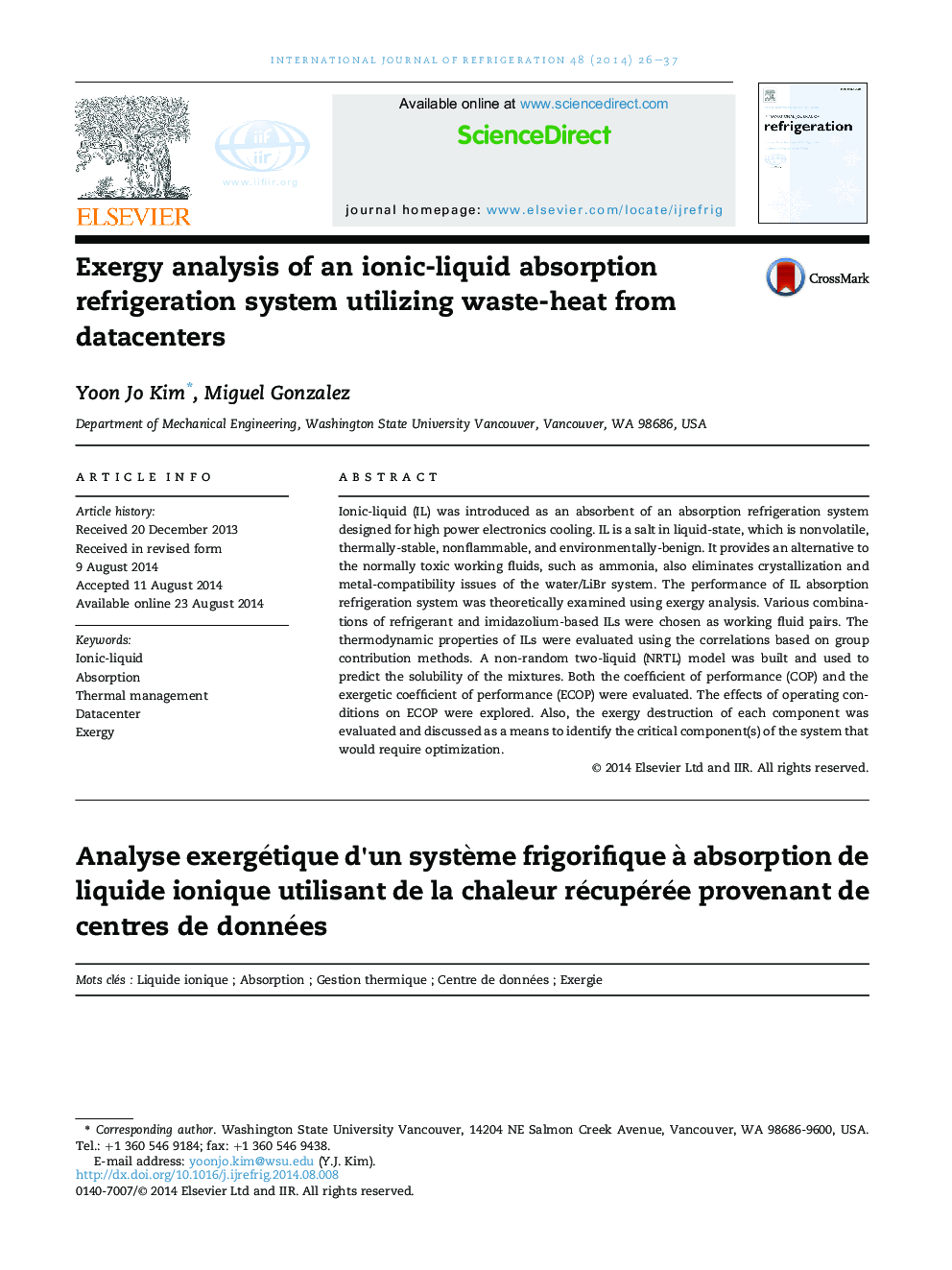 Exergy analysis of an ionic-liquid absorption refrigeration system utilizing waste-heat from datacenters