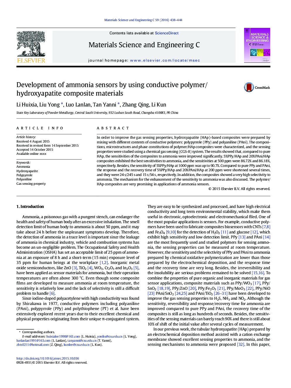 Development of ammonia sensors by using conductive polymer/hydroxyapatite composite materials