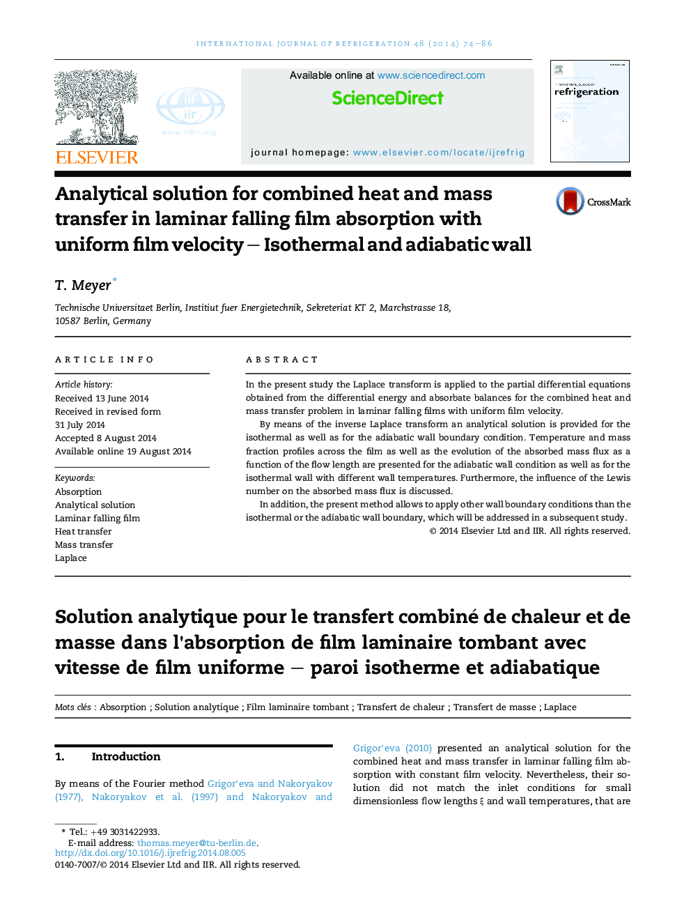 Analytical solution for combined heat and mass transfer in laminar falling film absorption with uniform film velocity – Isothermal and adiabatic wall