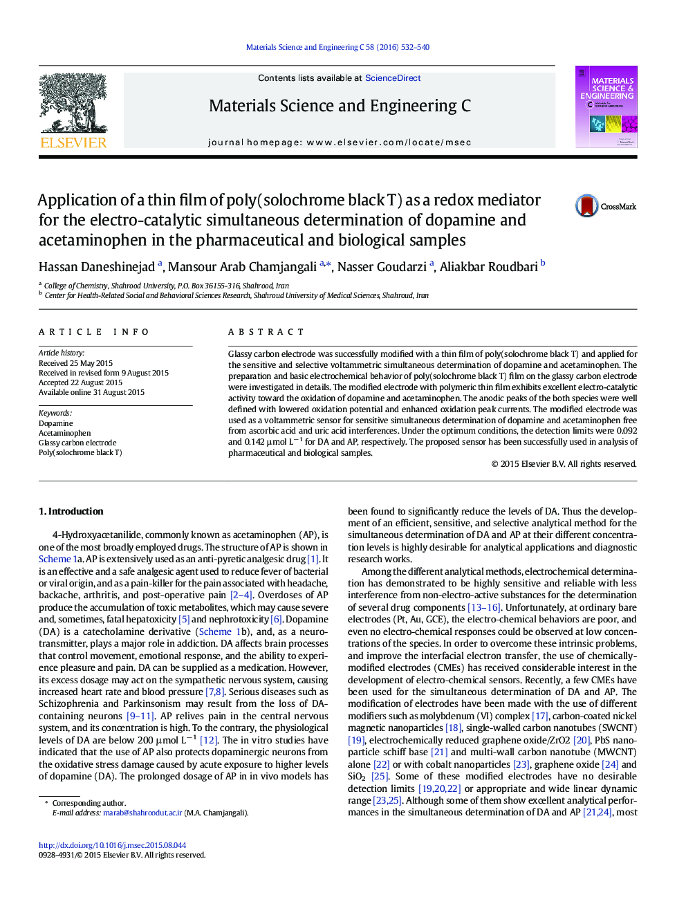 Application of a thin film of poly(solochrome black T) as a redox mediator for the electro-catalytic simultaneous determination of dopamine and acetaminophen in the pharmaceutical and biological samples