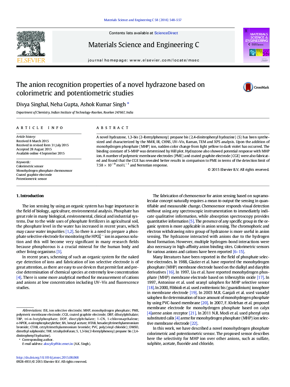 The anion recognition properties of a novel hydrazone based on colorimetric and potentiometric studies