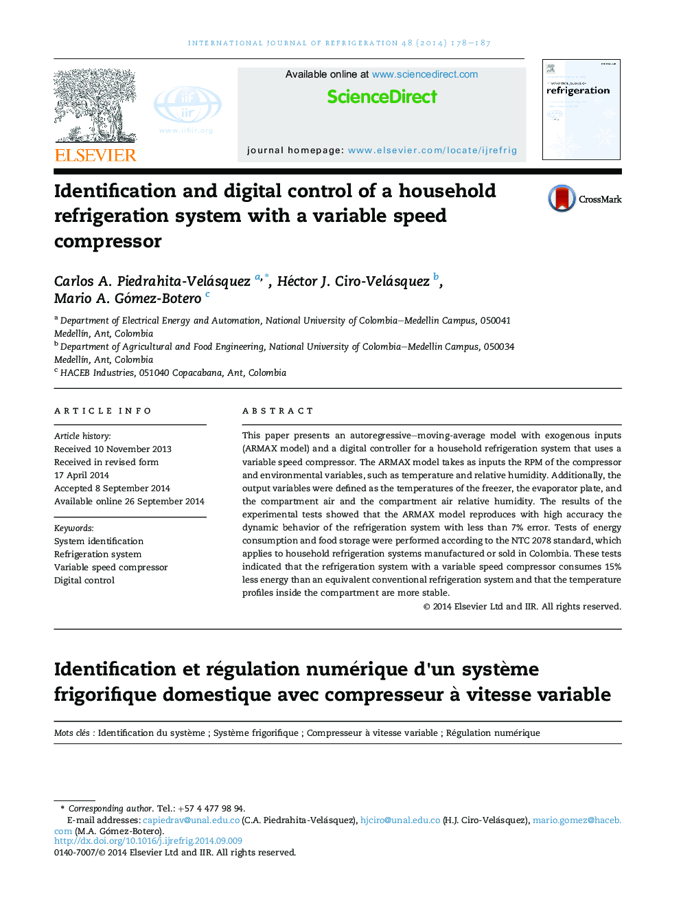Identification and digital control of a household refrigeration system with a variable speed compressor
