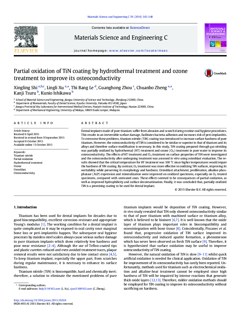 Partial oxidation of TiN coating by hydrothermal treatment and ozone treatment to improve its osteoconductivity