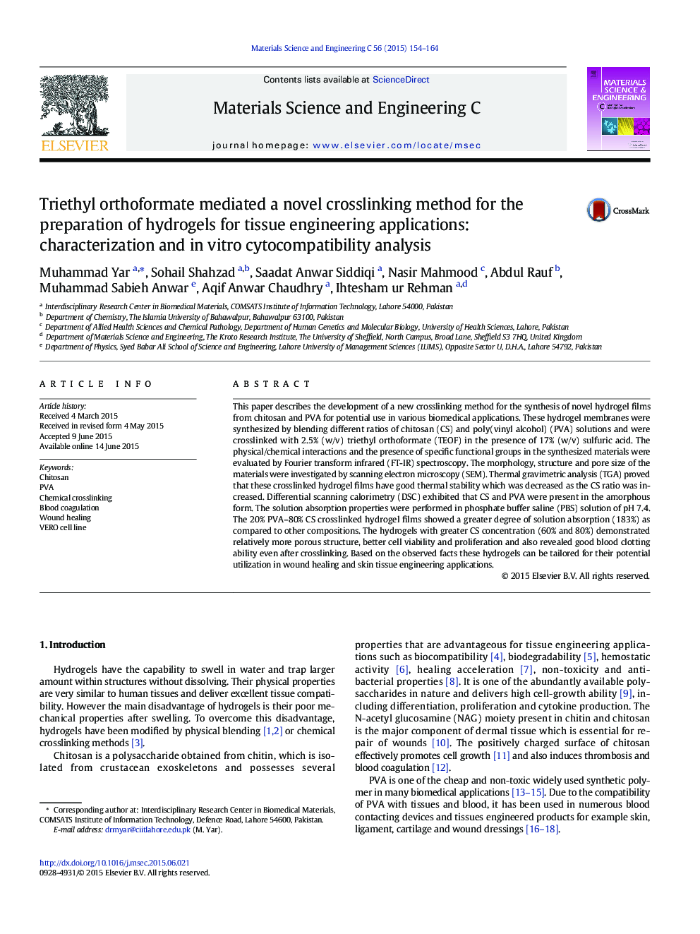 Triethyl orthoformate mediated a novel crosslinking method for the preparation of hydrogels for tissue engineering applications: characterization and in vitro cytocompatibility analysis